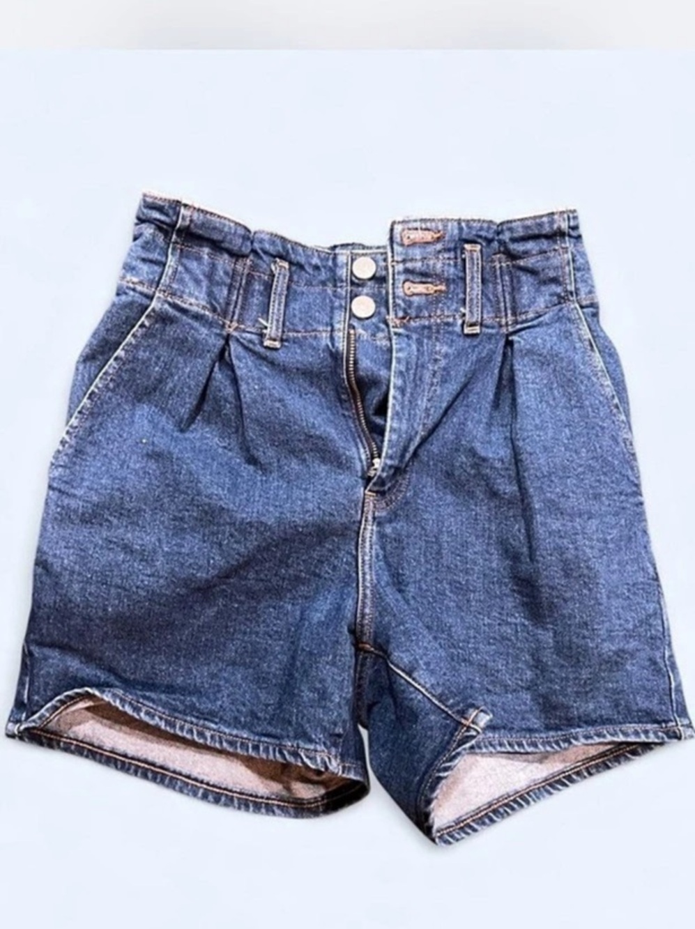 Express Midi Super High Rise Paperbag Waist Denim Shorts Blue 00/R